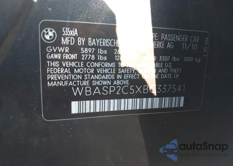 2011 BMW 535 Xigt from USA, damaged, VIN WBASP2C5XBC337541